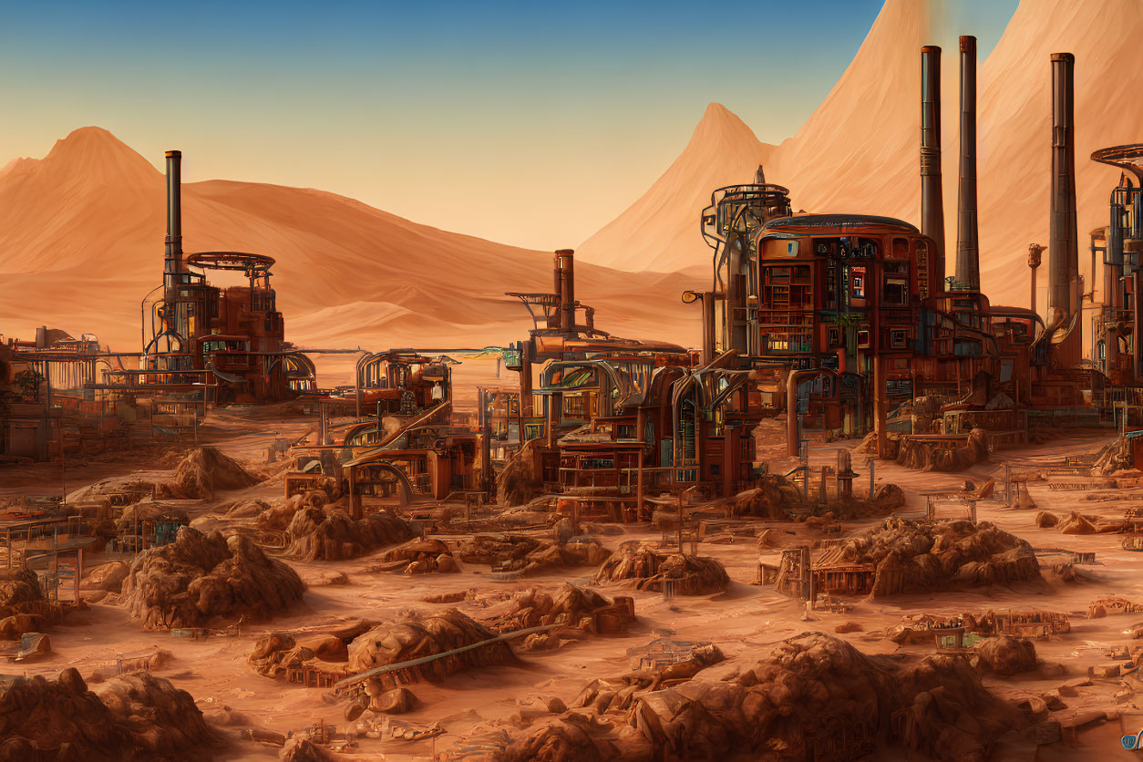 Industrial complex with smokestacks in Mars-like desert landscape