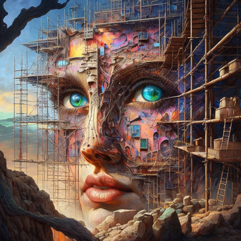 Female face merged with vibrant landscape and buildings in surreal artwork.