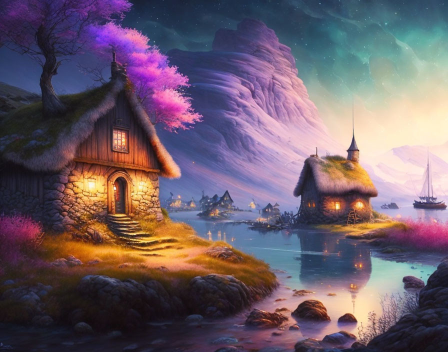 Fantasy landscape at dusk: stone cottage, pink trees, calm river.