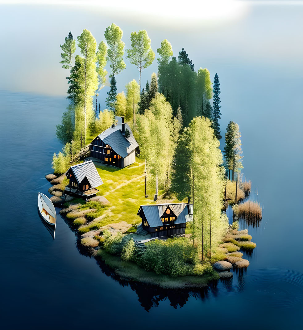 Tranquil island scene with cozy houses, lush greenery, warm light, calm waters, and