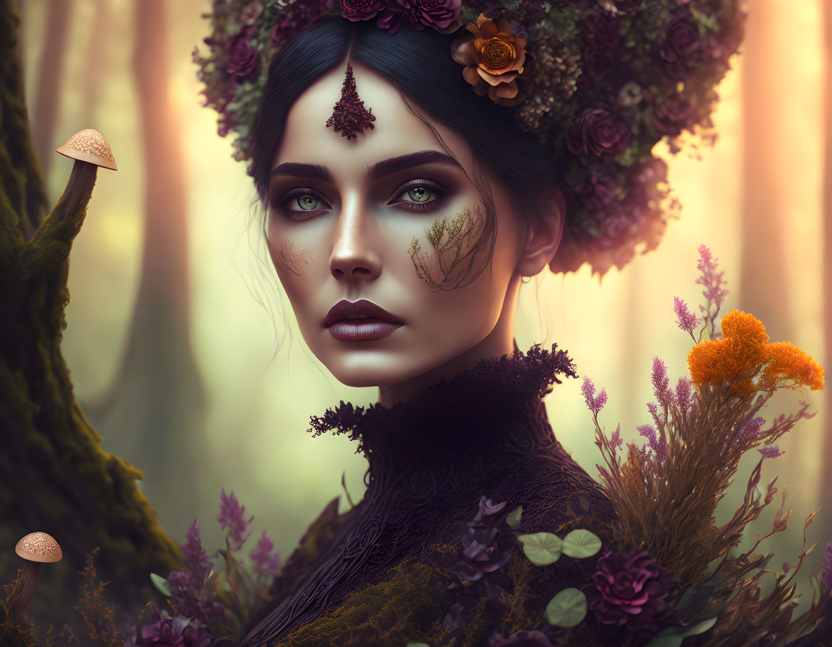 Woman with floral makeup in forest setting