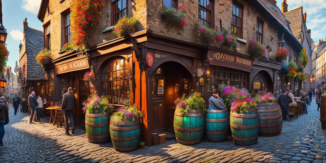 Cobblestone street with old-fashioned pub and vibrant flower displays