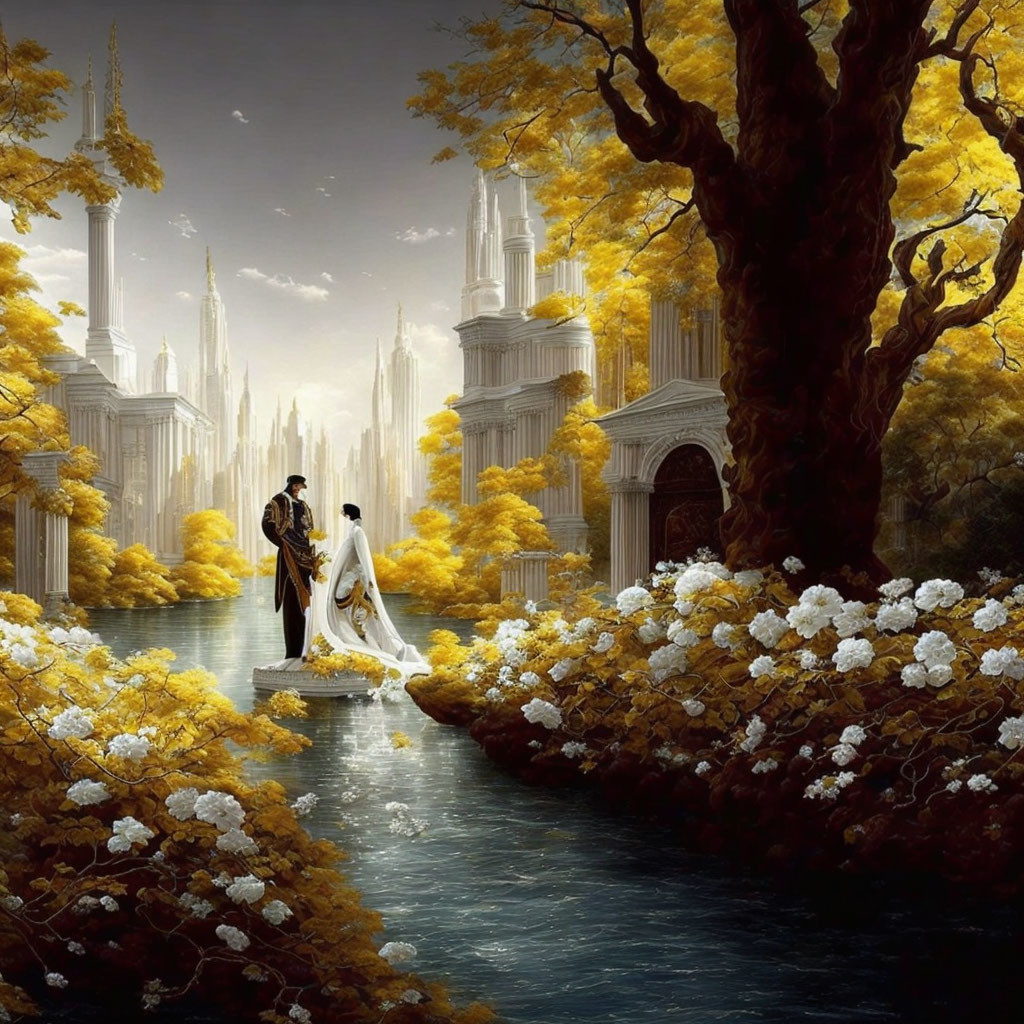 Formal couple under golden-leaved tree by river with spires.