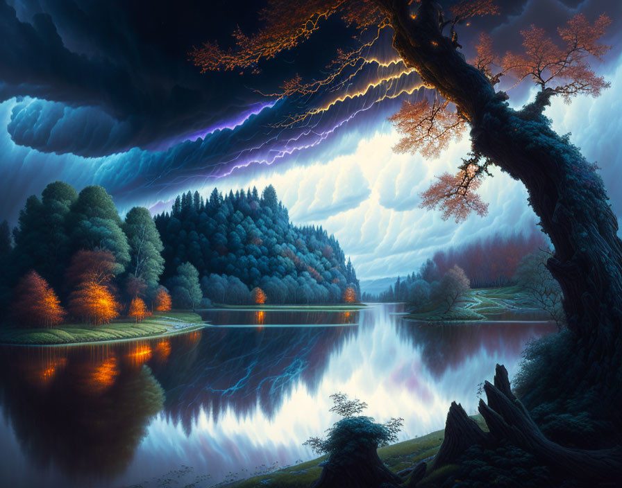 Vibrant landscape with dramatic sky, lightning, serene lake, and lush trees