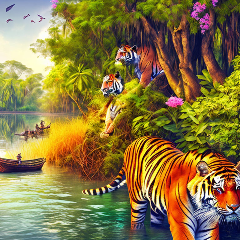 Illustration of tigers in jungle riverbank scene