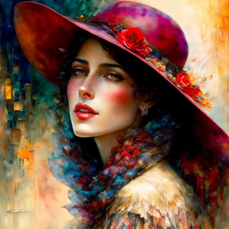 Vibrant Red Hat and Colorful Scarf on Woman Portrait