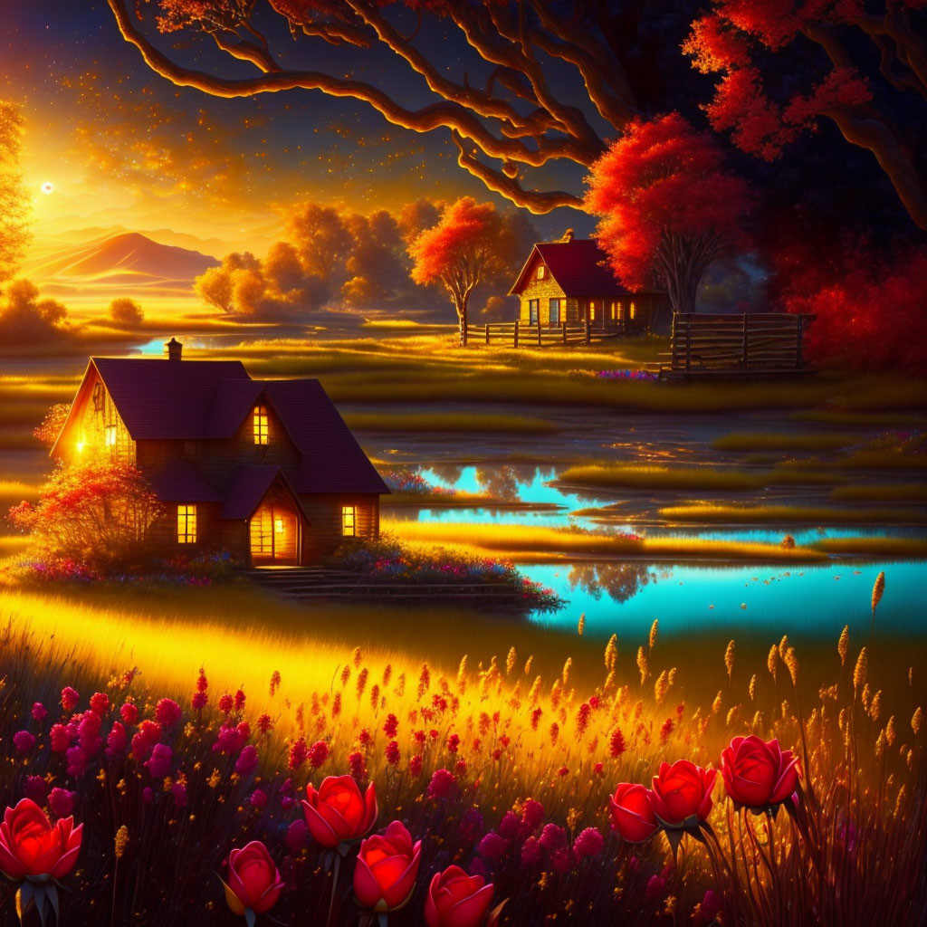 Picturesque Countryside Scene: Cozy Houses, Pond, Flowers, Trees, Sunset