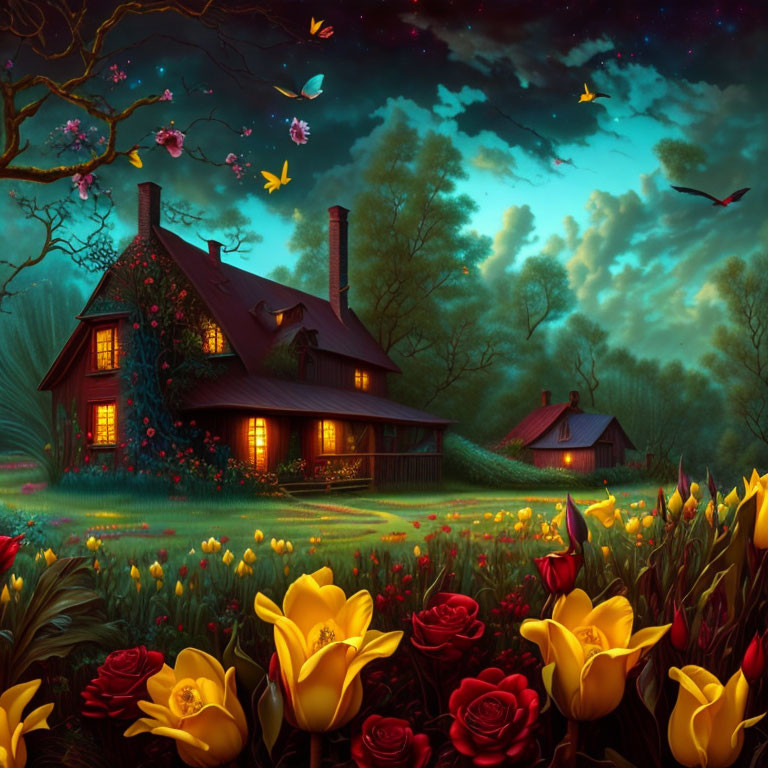 Cozy cottage night scene with vibrant flowers and fluttering birds