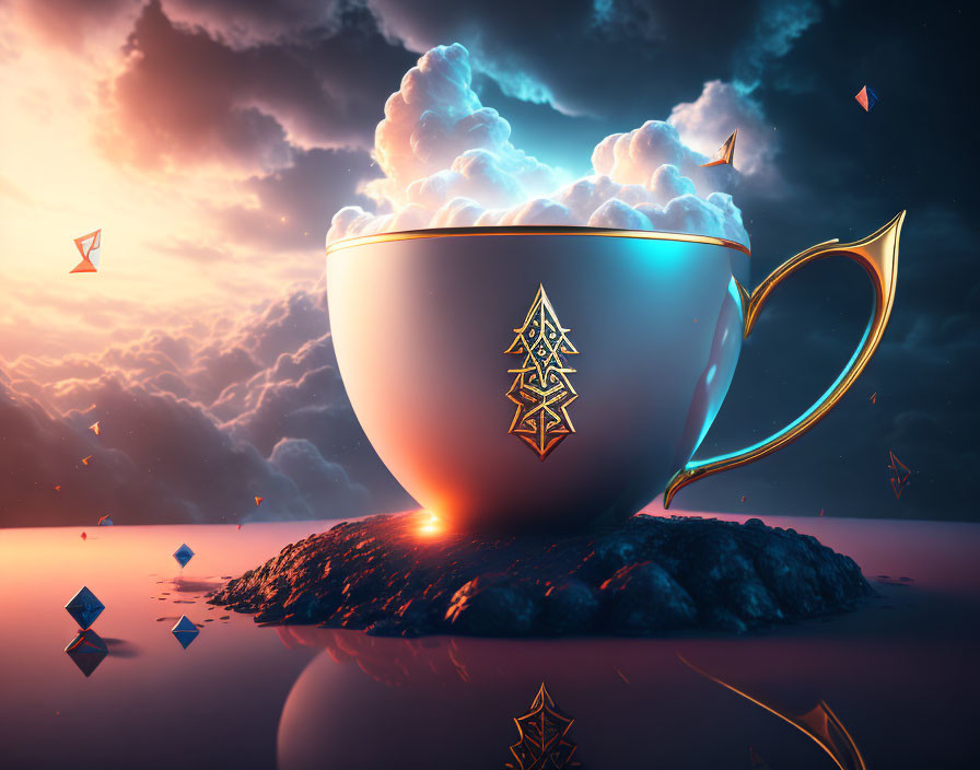 Surreal image: large cup on rock with glowing symbols in cloudy sky