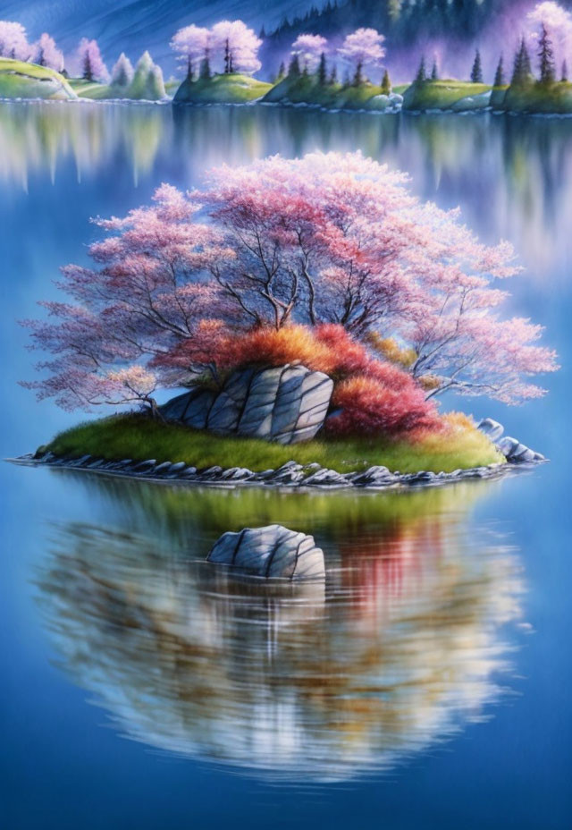 Tranquil island scene with pink cherry blossoms and calm lake