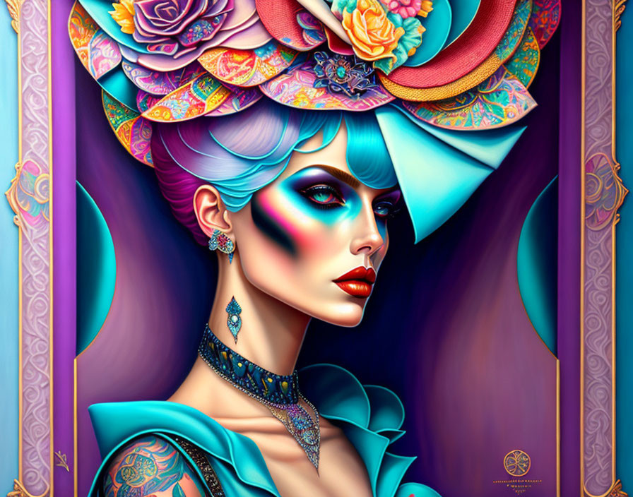 Colorful portrait of a woman with stylish hat, bold makeup, tattoos, and elegant jewelry