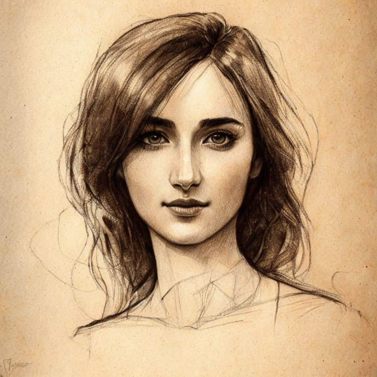 Detailed pencil sketch of a woman with wavy hair and striking eyes on textured paper