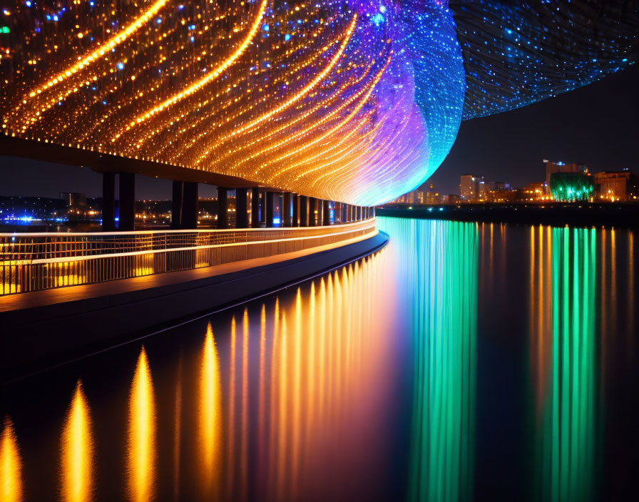 Vibrant Blue and Orange Lights on Illuminated Night Bridge