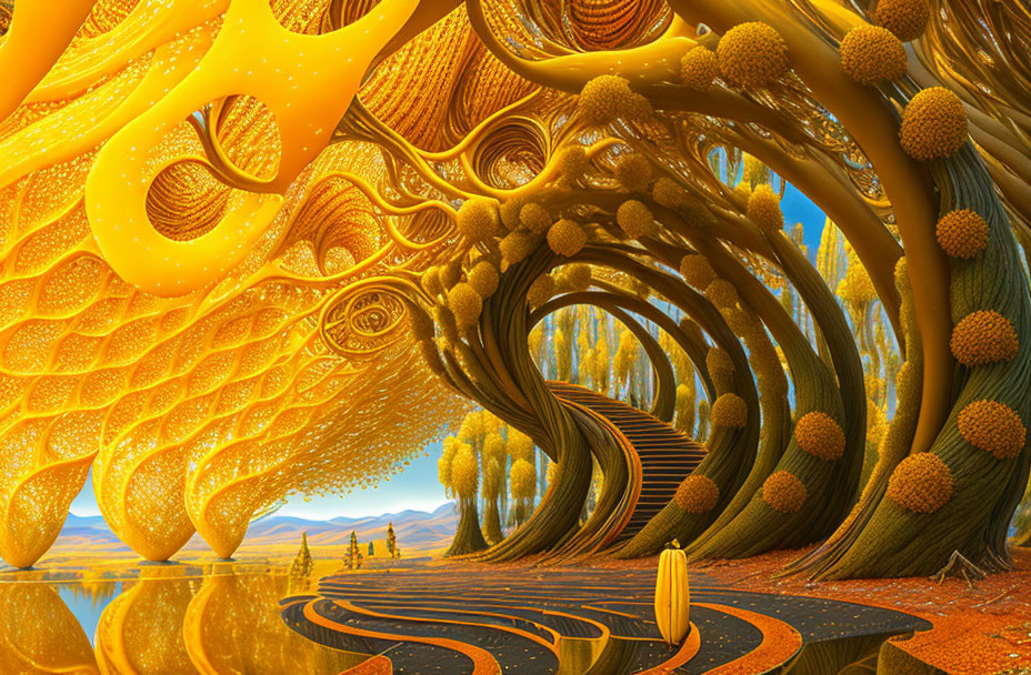 Surreal digital artwork: golden tree-like structures, winding road, reflective water, orange sky