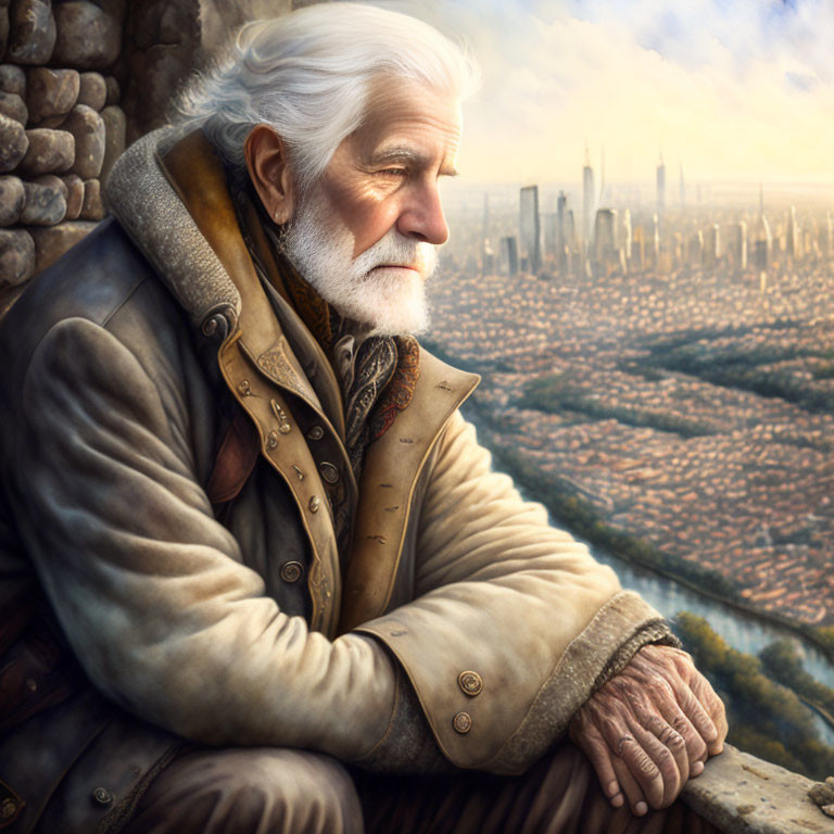 White-haired elderly man in vintage attire gazes at futuristic cityscape