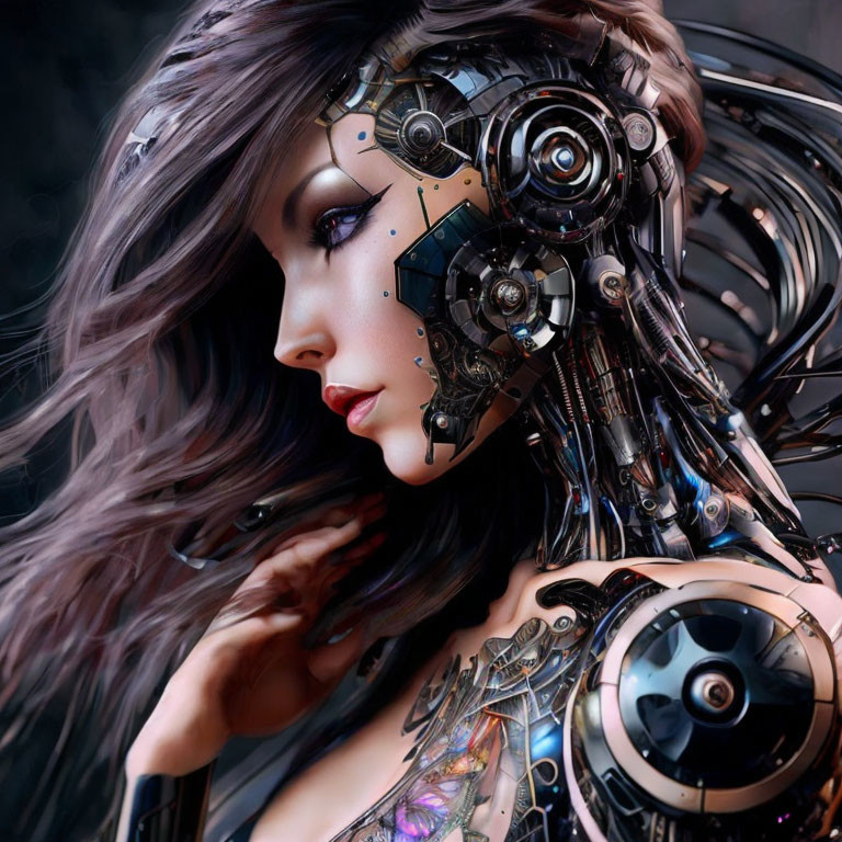 Female Cyborg Portrait with Detailed Mechanical Integration