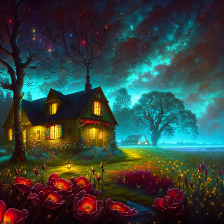 Cozy house with lit windows in starry night garden