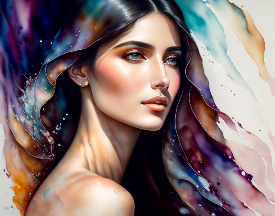 Vibrant digital painting: Woman with green eyes and flowing hair in cosmic watercolor.