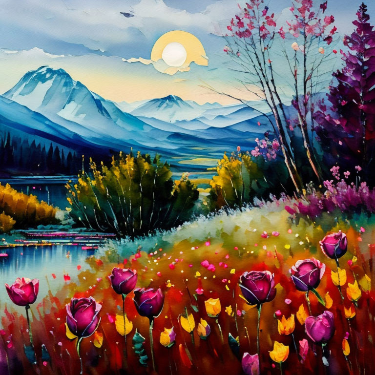 Vibrant Landscape Painting: Red Flowers, Lake, Mountains, Sunset Sky