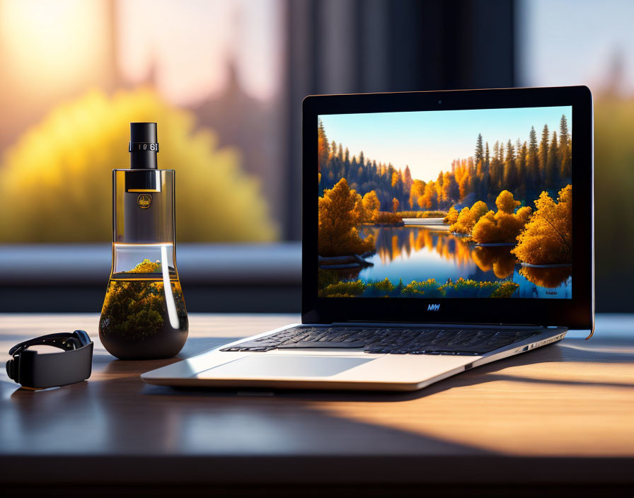 Laptop with fall wallpaper, smartwatch, and diffuser on cityscape desk