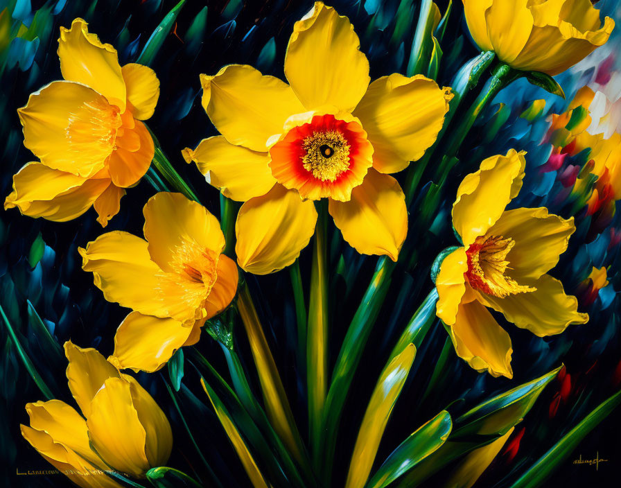 Colorful painting featuring yellow daffodils on dark background