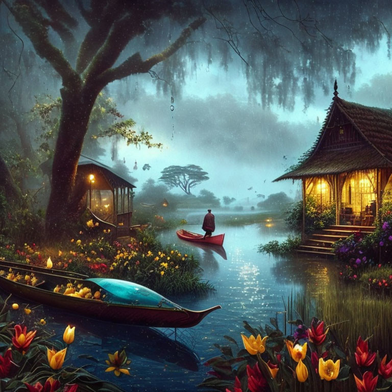 Twilight river canoeing with traditional houses and vibrant flowers