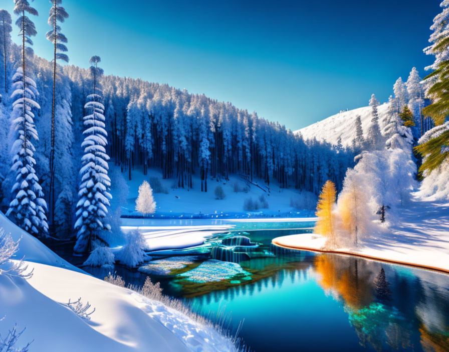 Snow-covered trees, blue lake, and sunlit winter scenery