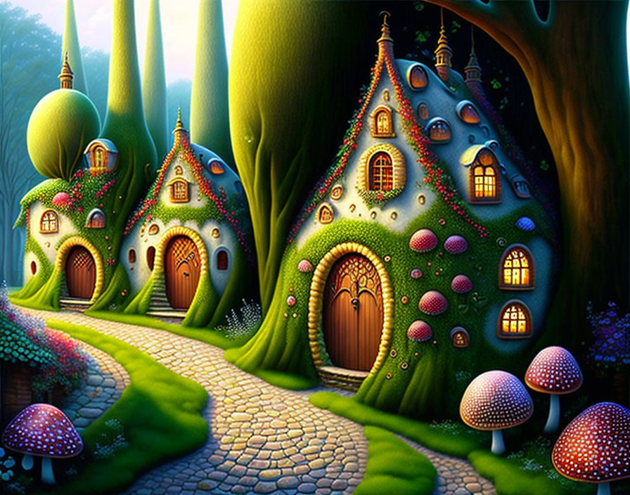 Enchanted forest with whimsical tree houses, cobblestone path, glowing windows, and colorful