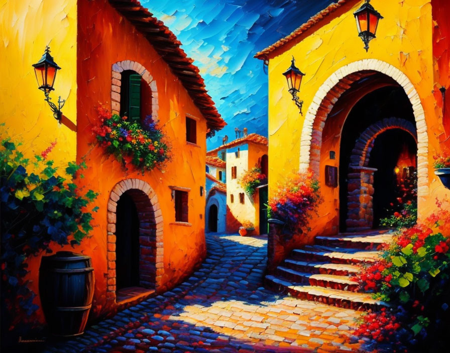 European Alley Oil Painting with Cobblestone Path & Blooming Flowers