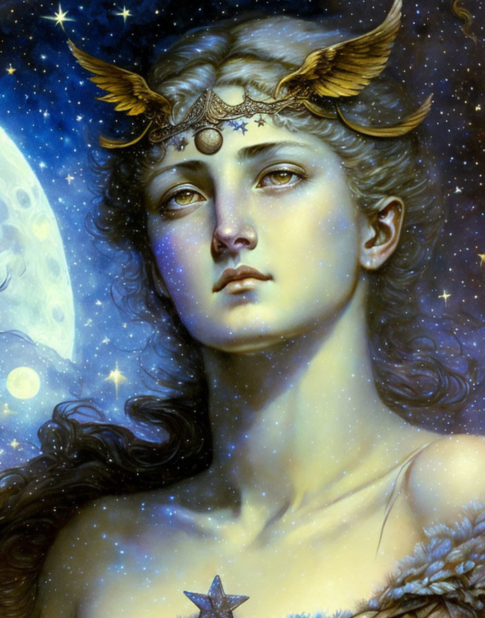 Woman with Golden Winged Headpiece in Celestial Night Sky