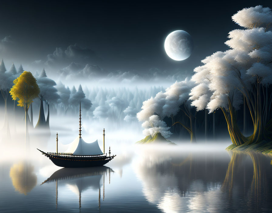 Moonlit nightscape with still lake, solitary boat, misty trees