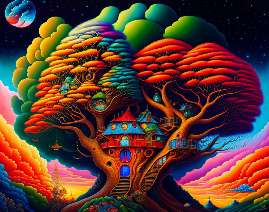 Colorful Treehouse Artwork with Starry Sky and Planet