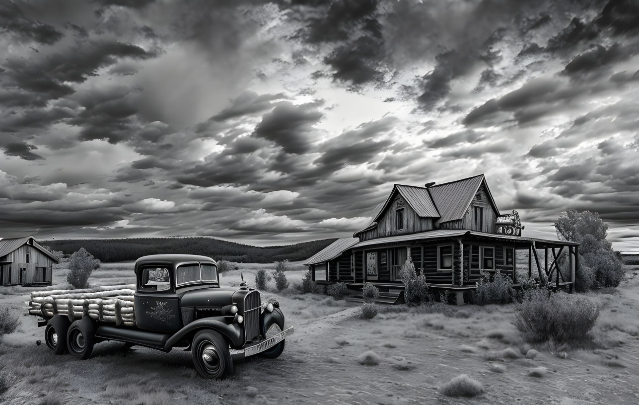 Vintage pickup truck near old wooden house under dramatic sky