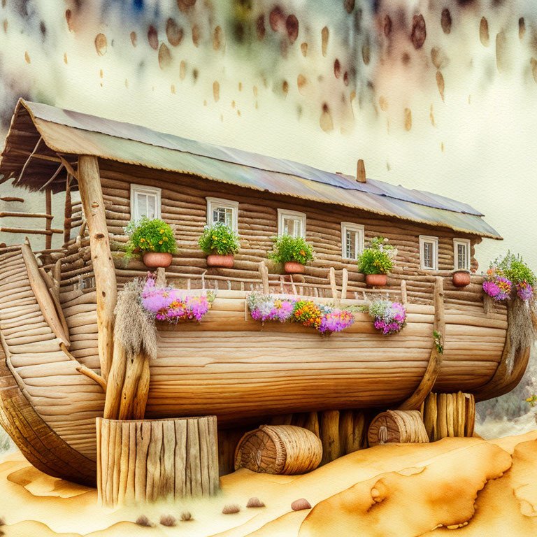 Illustration of log cabin and ship fusion with colorful flowers on sandy backdrop