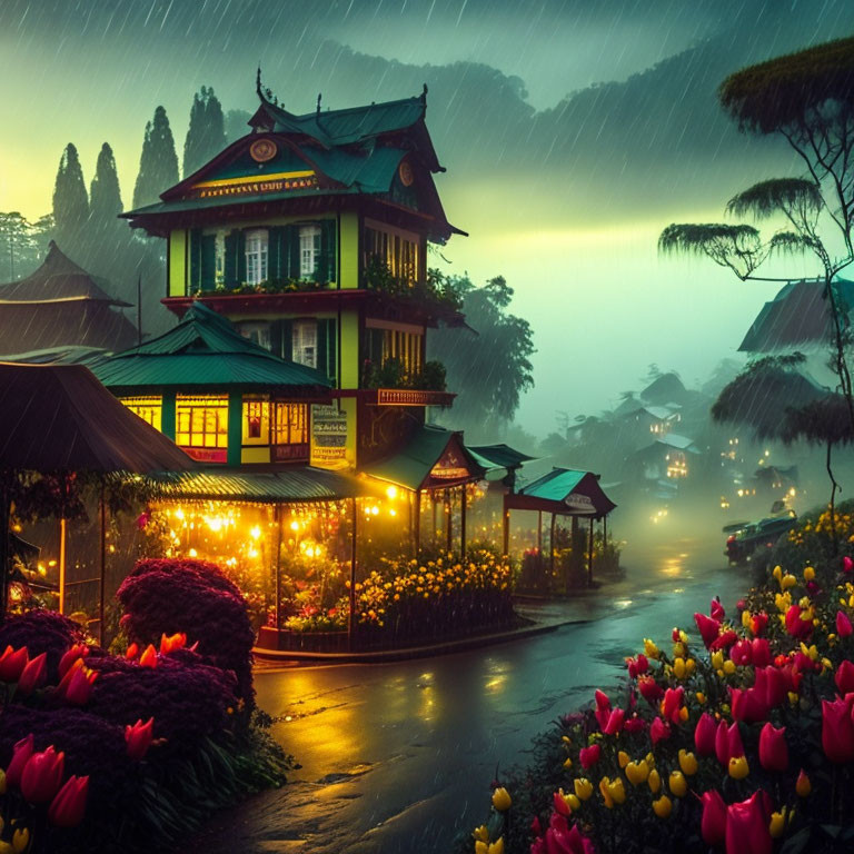 Traditional building illuminated on rainy night with tulips and misty hills