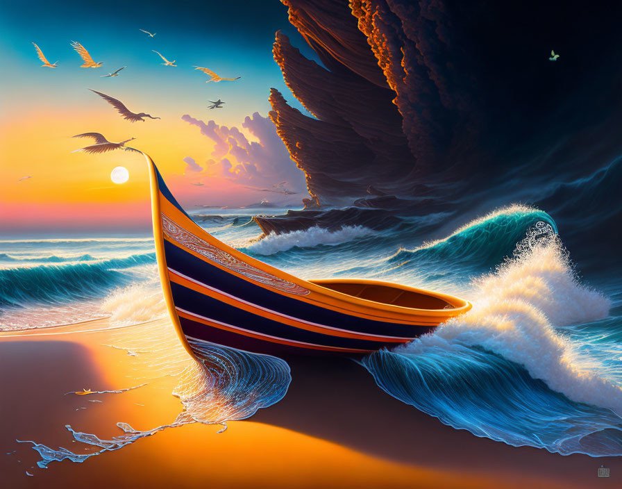 Colorful sunset beach painting with boat, crashing waves, birds, and surreal wave formation