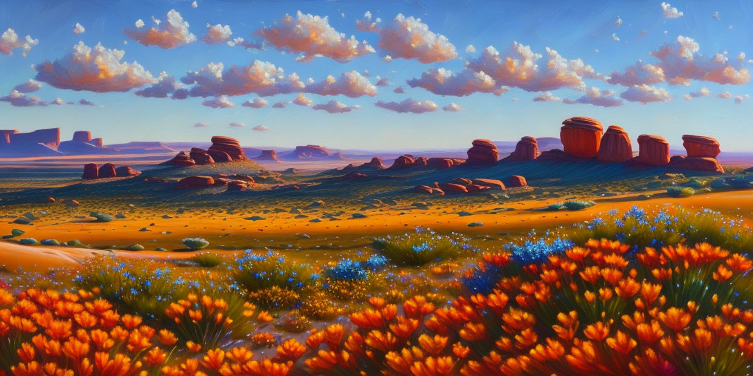 Colorful desert landscape painting with orange rock formations and wildflowers