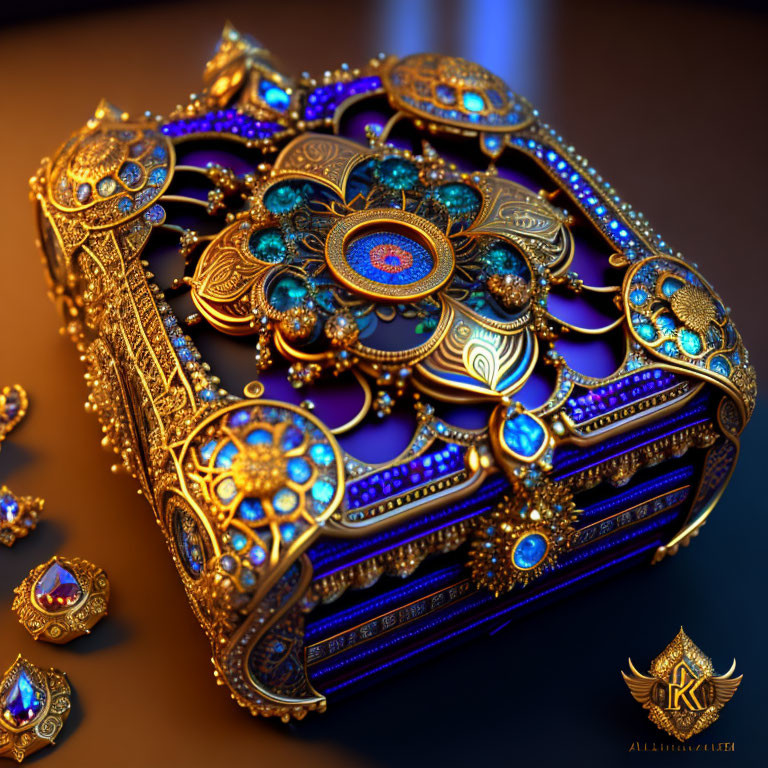 Jewel-encrusted golden box with intricate patterns on dark surface