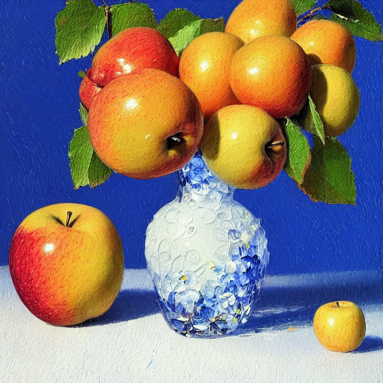 Colorful Still Life Painting with Ripe Apples in Patterned Vase