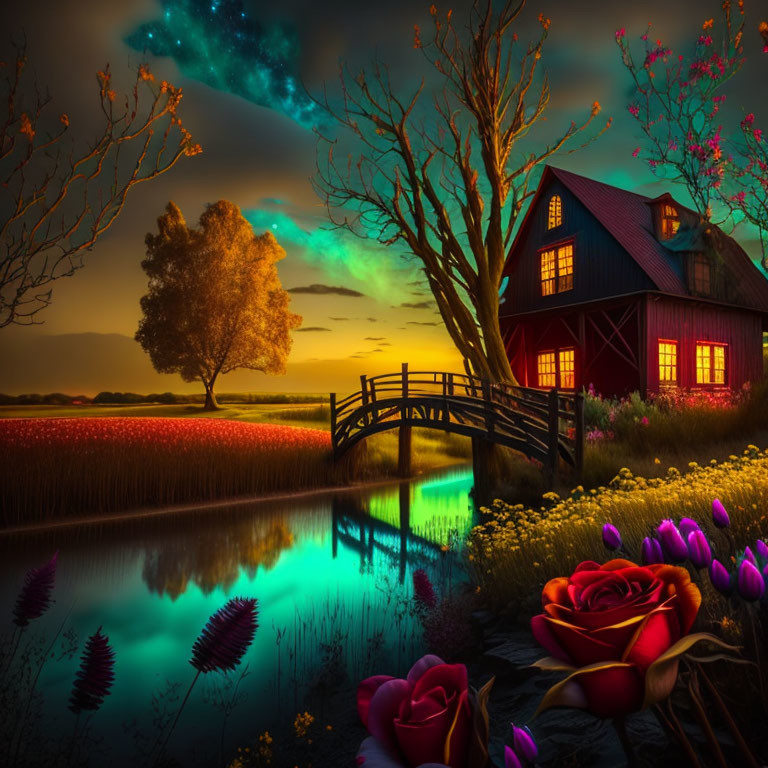 Surreal landscape with red house, starry sky, blooming tree, and wooden bridge