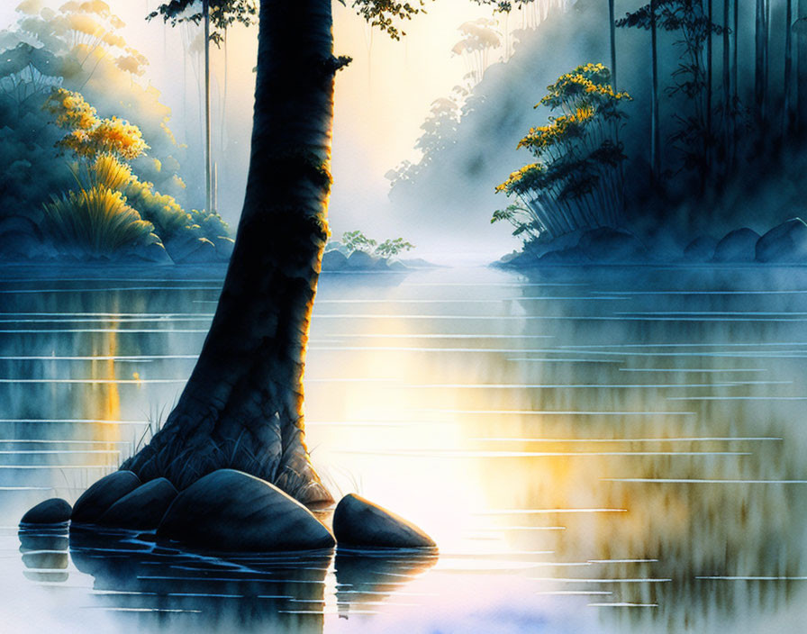 Serene forest landscape with misty lake at dawn