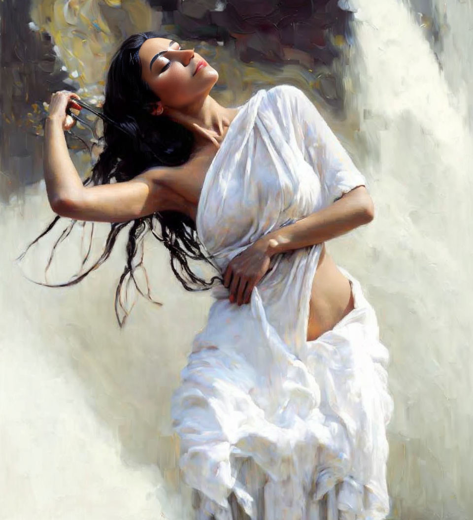 Woman in White Flowing Dress Standing Serenely