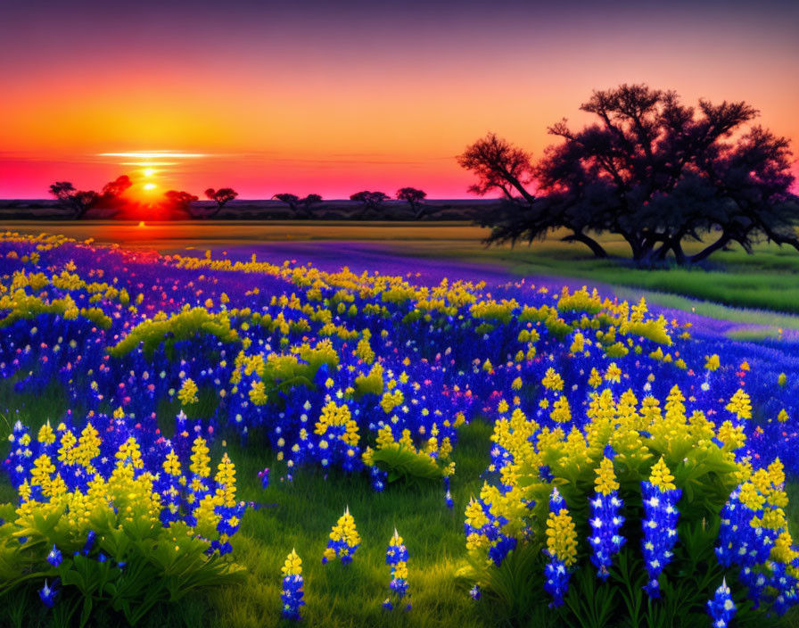 Colorful sunset over bluebonnet field with lone tree