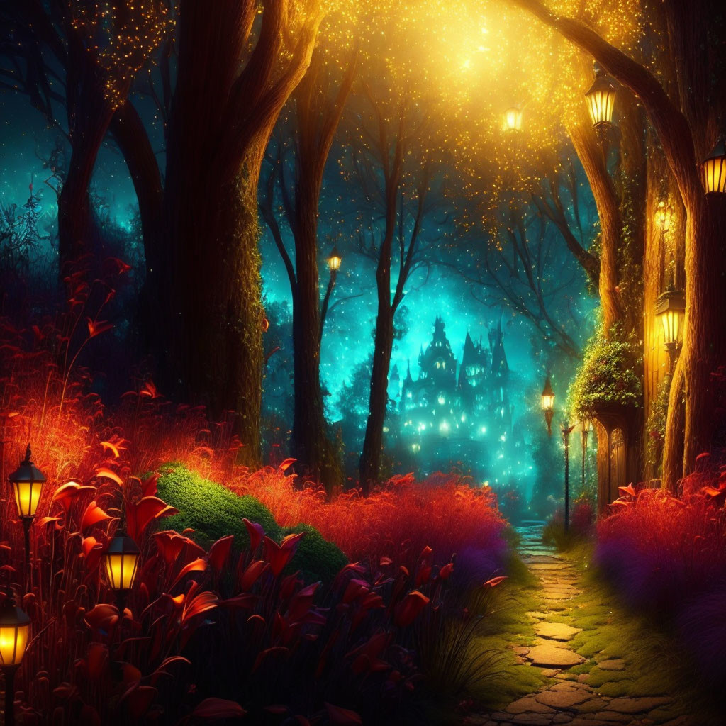 Mystical forest pathway with glowing trees and castle.