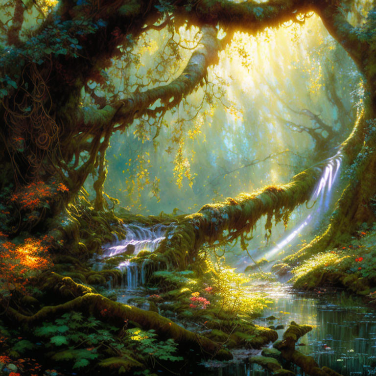 Lush forest scene with small waterfall and sunlight filtering through dense canopy