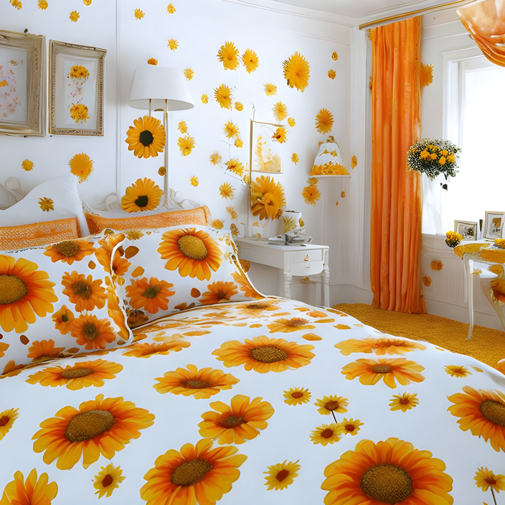 Sunflower-themed bedroom with floral bedding, orange curtains, and wall decor