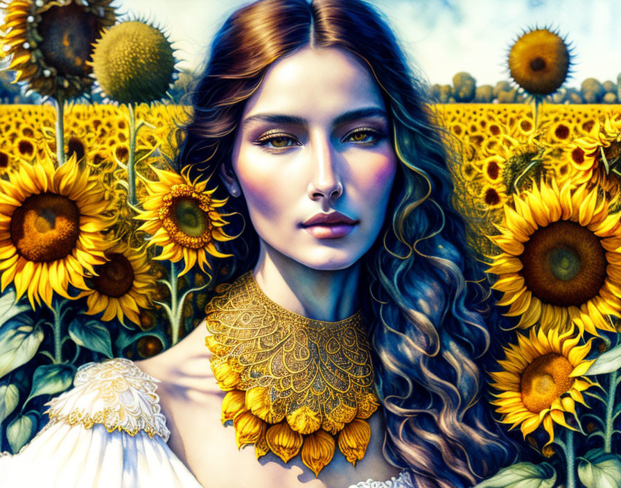 Woman with flowing hair among vibrant sunflowers, gold necklace, warm painterly aesthetic