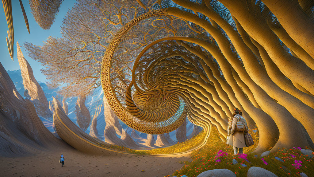 Fantastical landscape with giant spiral tree and person under amber sky