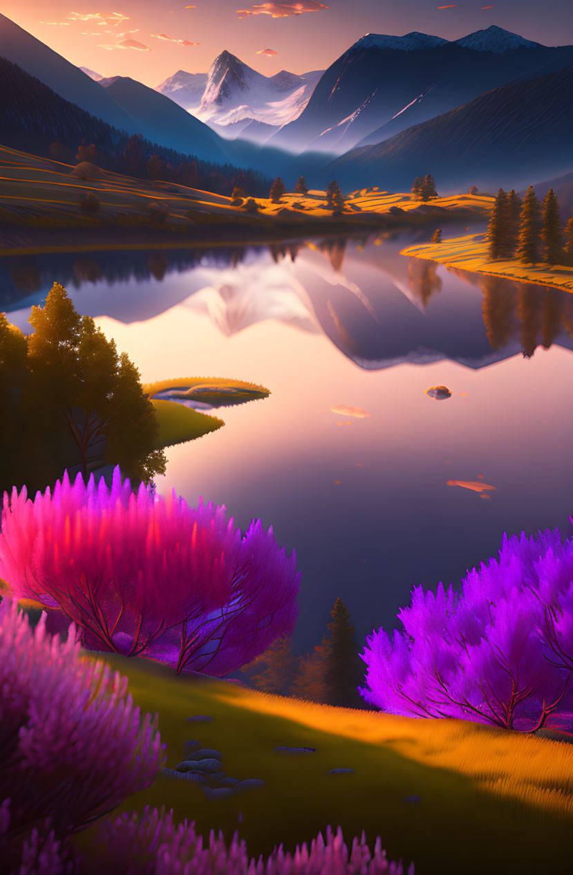 Tranquil landscape with purple foliage, reflective lake, and orange sky.