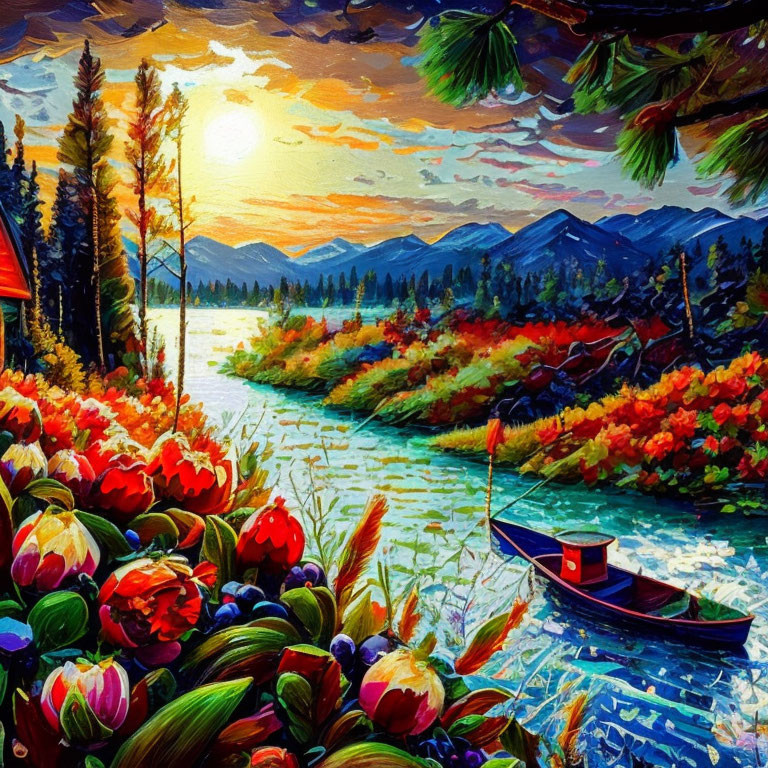 Colorful lakeside sunset painting with flowers, boat, and mountains